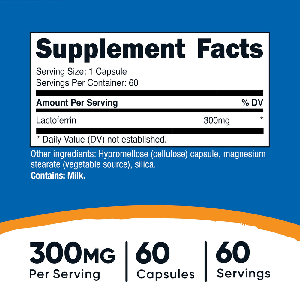Nutricost Lactoferrin label highlights gluten-free vegetarian formula.
