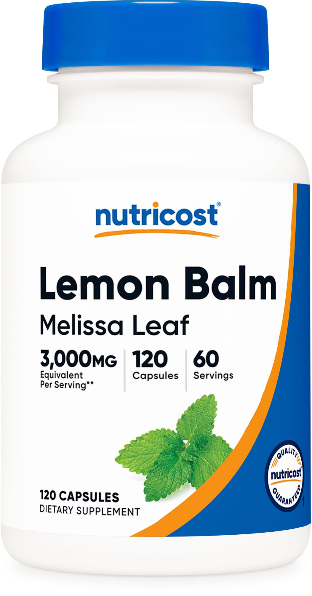 Nutricost Lemon Balm bottle front view for daily calm routines.