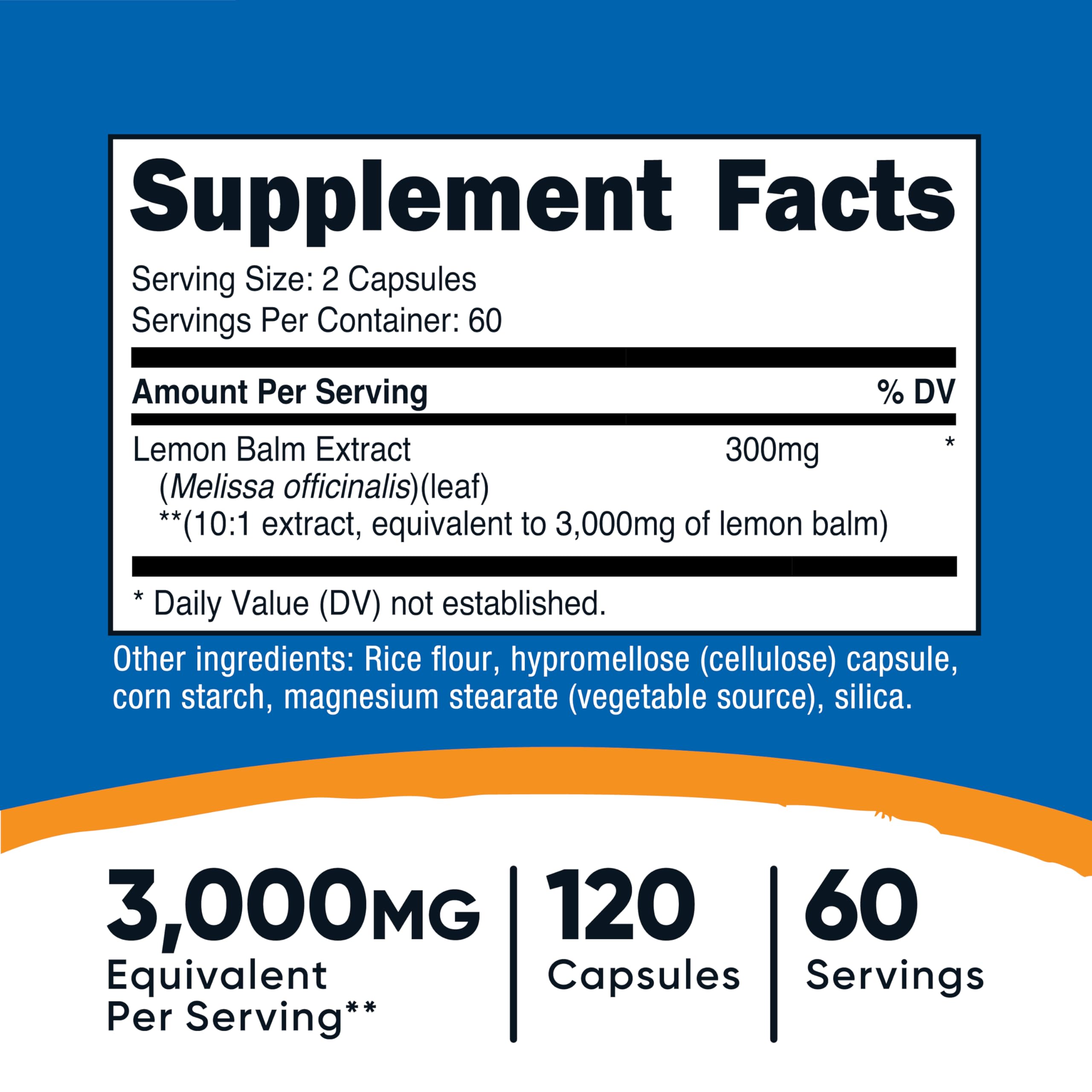 Nutricost Lemon Balm capsules close-up showing 10:1 extract.
