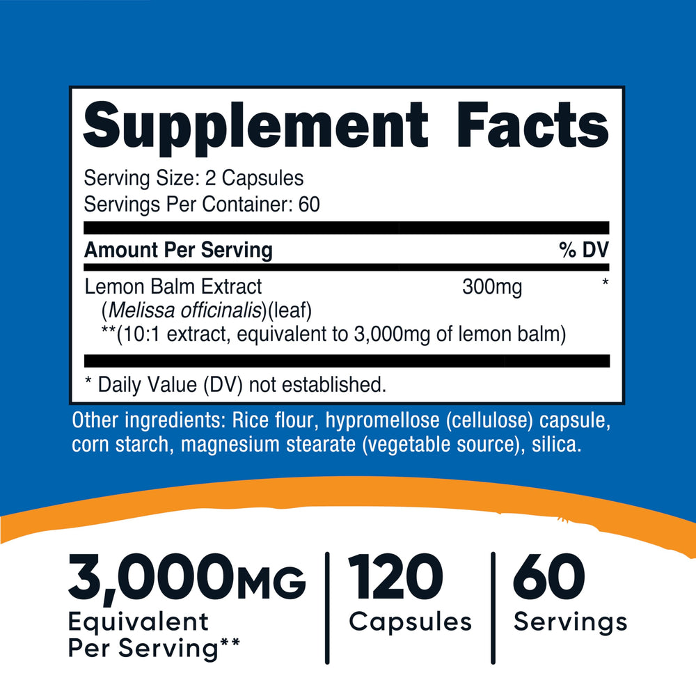 Nutricost Lemon Balm capsules close-up showing 10:1 extract.