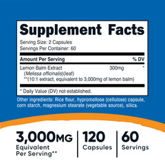 Nutricost Lemon Balm capsules close-up showing 10:1 extract.