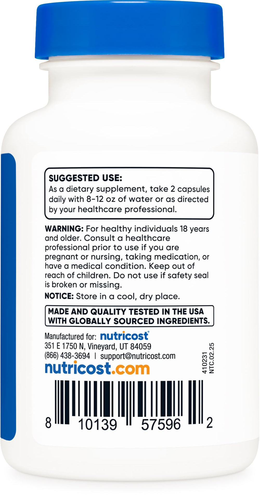 Nutricost Lemon Balm label close-up with quality credentials.