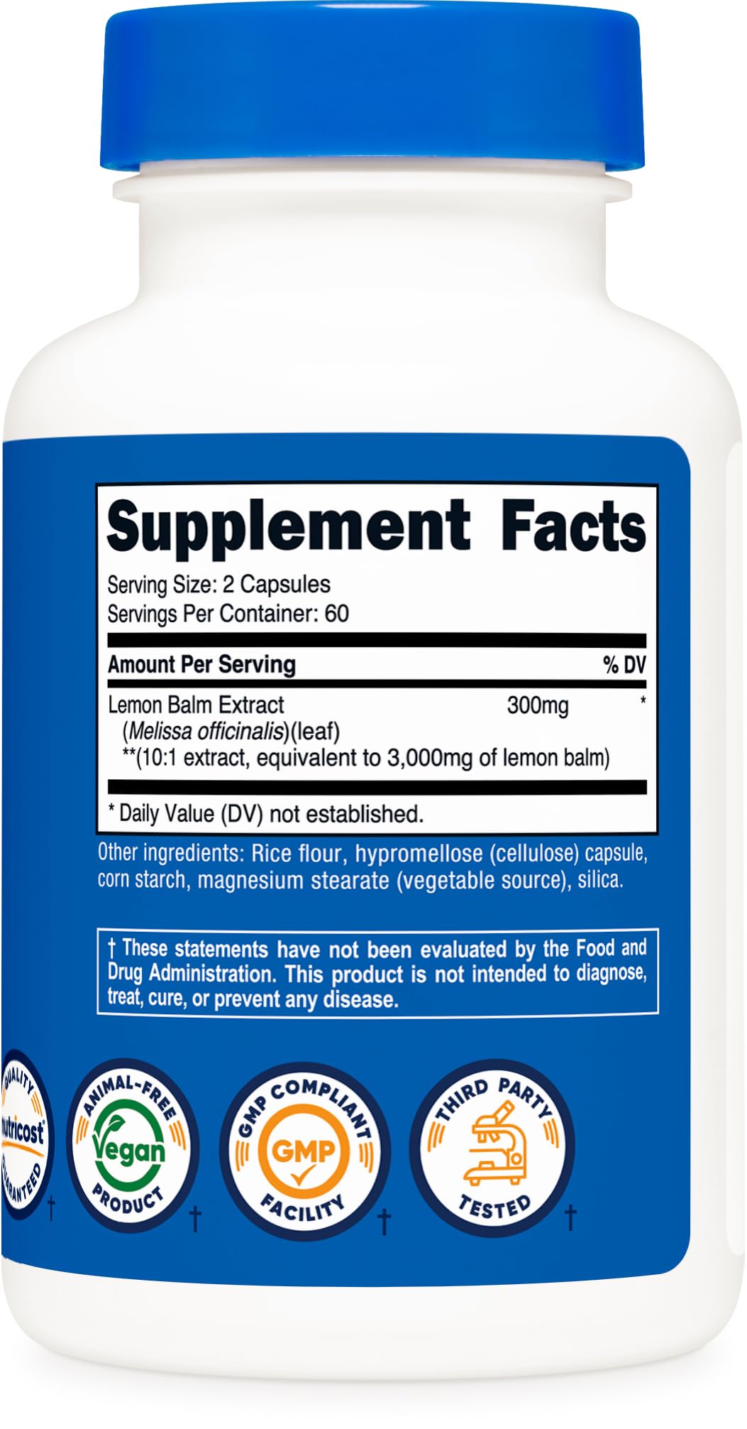 Nutricost Lemon Balm packaging box shows convenient 60 servings.