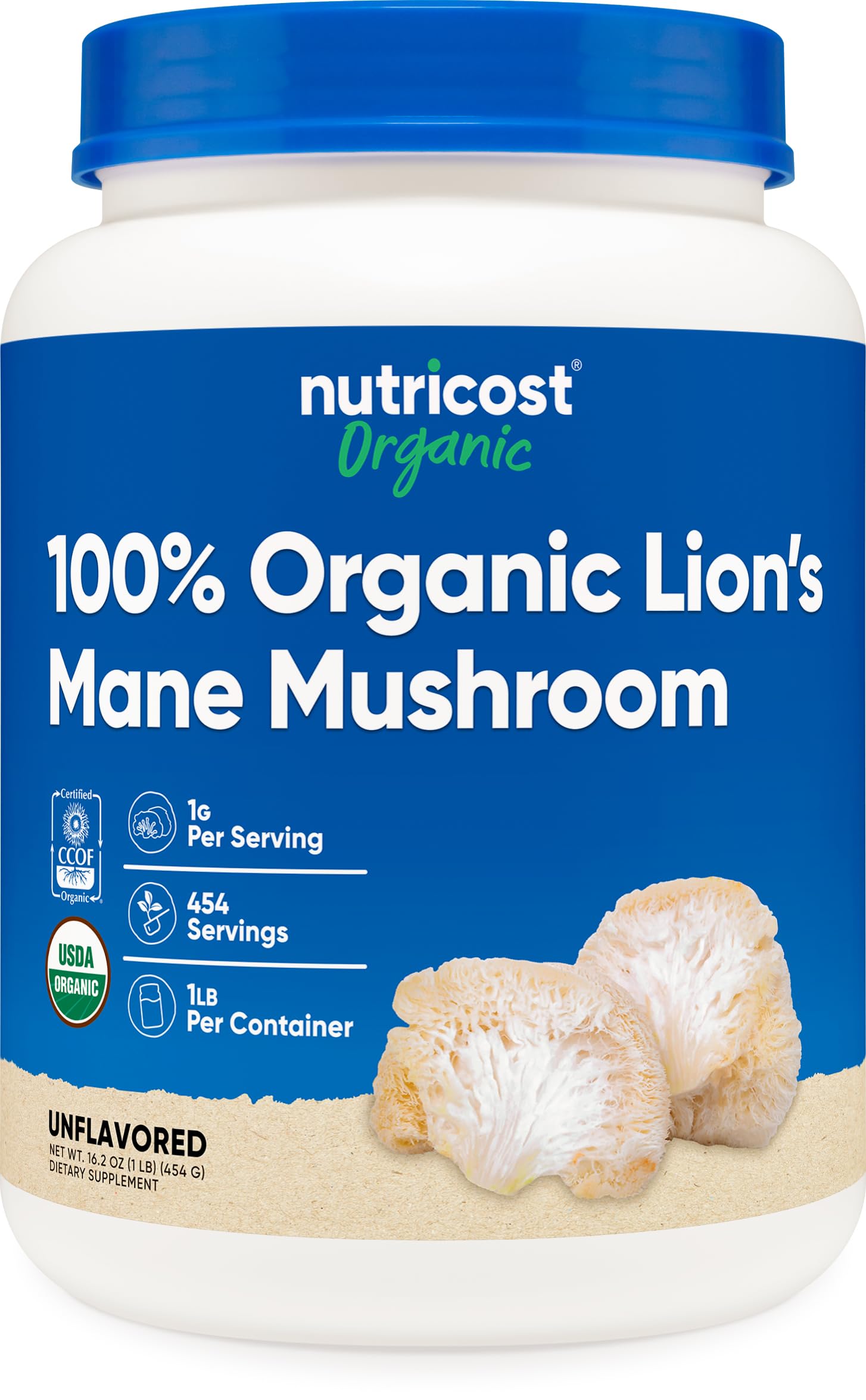 Nutricost Lion's Mane powder bottle front view for organic supplement quality.