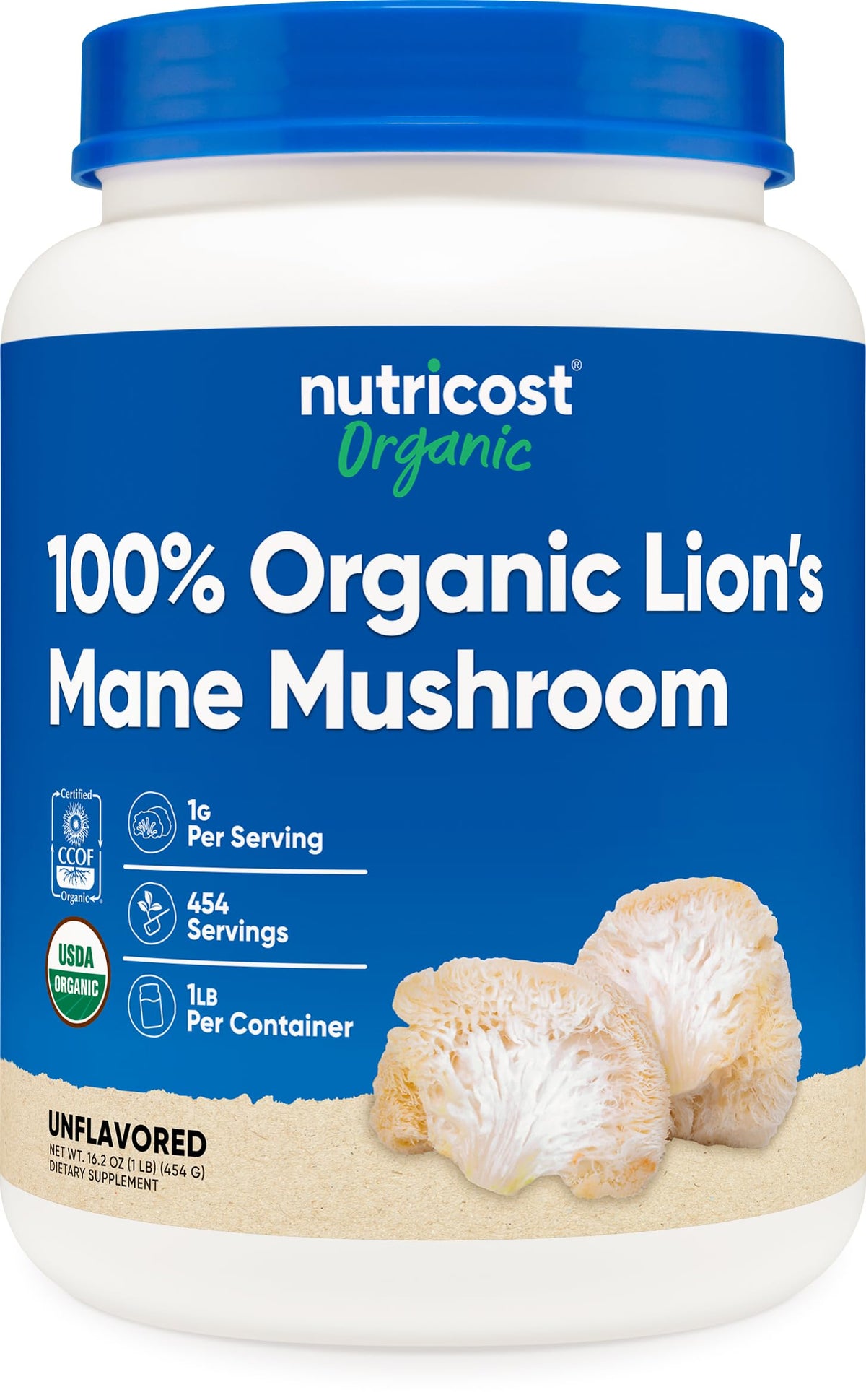 Nutricost Lion's Mane powder bottle front view for organic supplement quality.