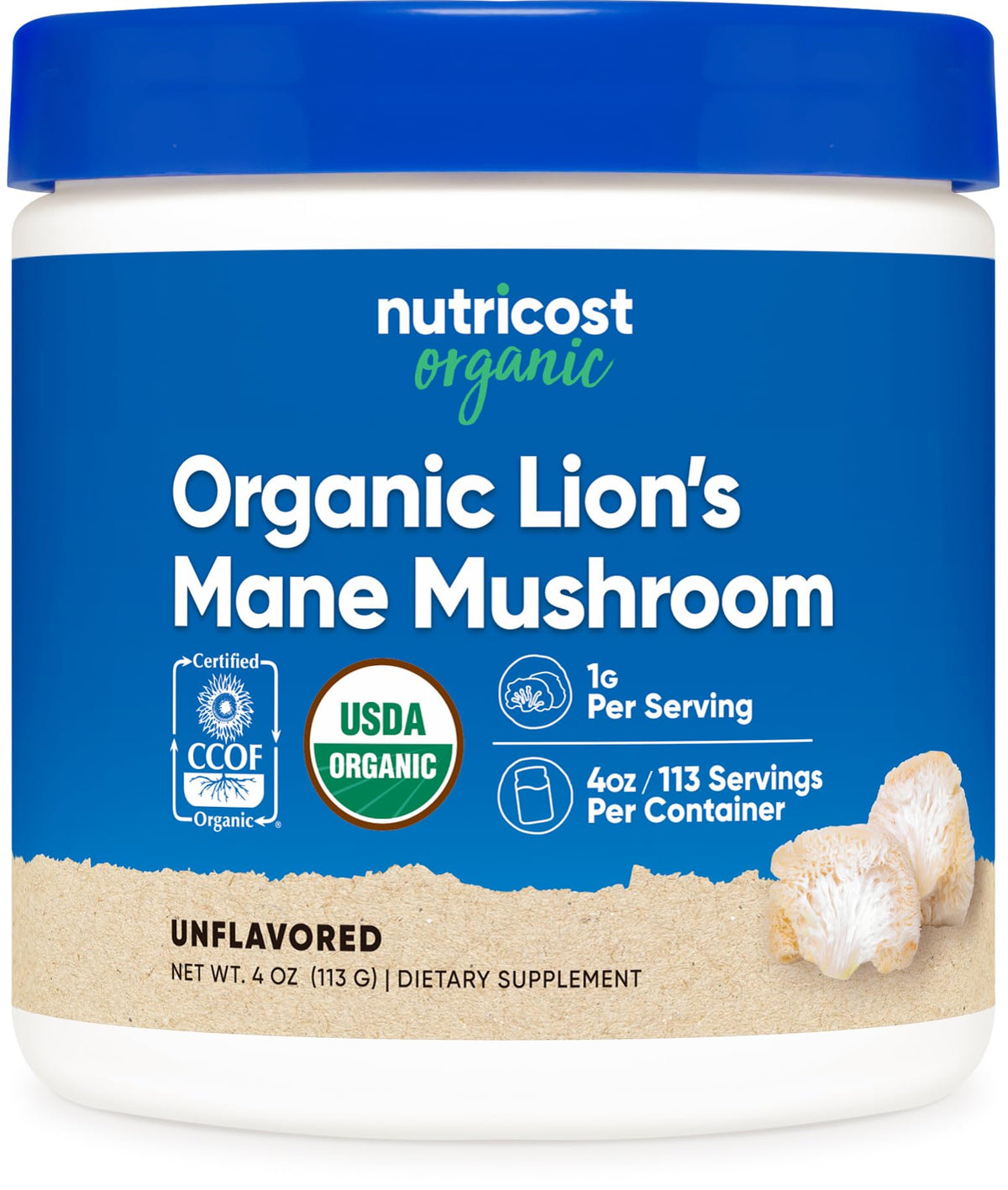 Nutricost Lion's Mane powder bottle for daily wellness, easy to add to beverages.