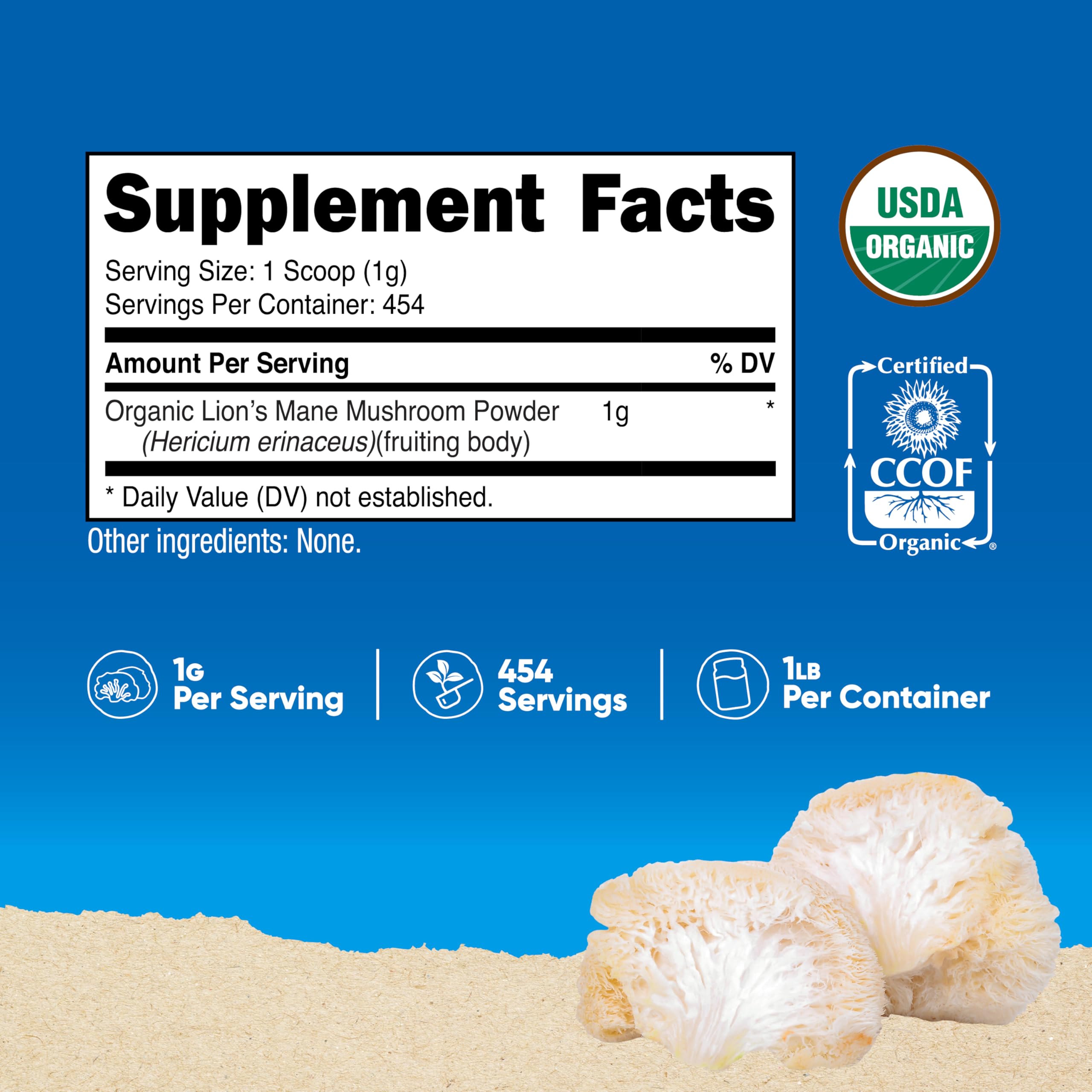 Nutricost Lion's Mane powder scoop showing convenient measure for daily routines.