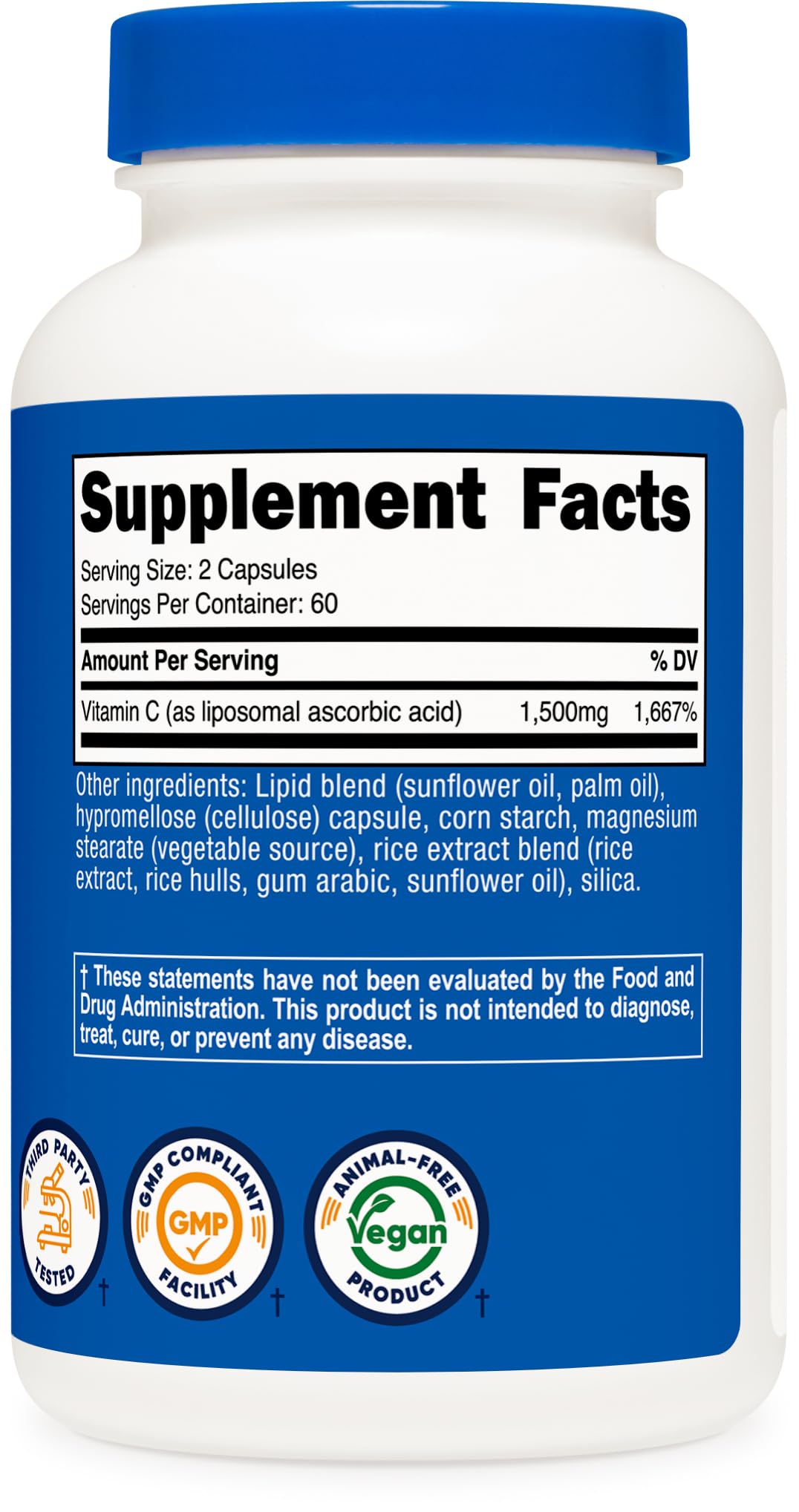 Nutricost Liposomal Vitamin C serving setup illustrating two capsules per serving