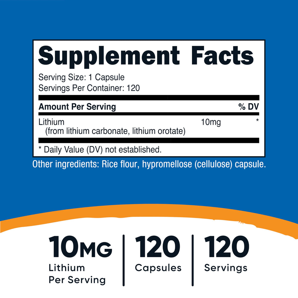 Nutricost Lithium Orotate 10mg capsules packaging with label detail for clarity