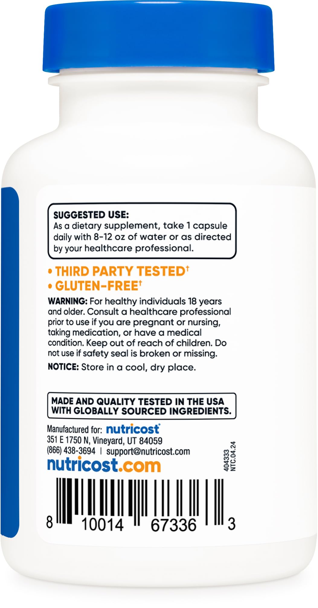 Nutricost bottle label visible, highlighting 120 servings and non-GMO ingredients.