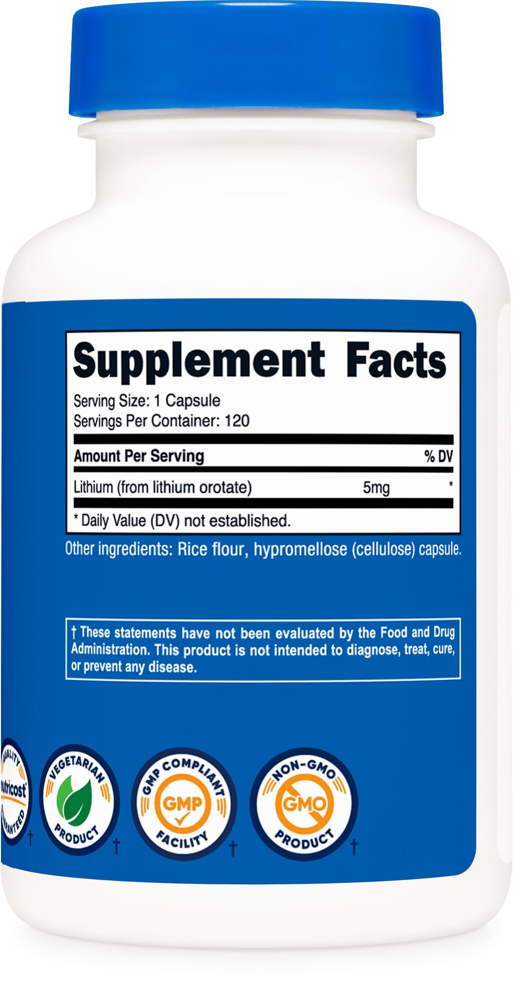 Nutricost lithium orotate bottle on table with packaging, ready for a gluten-free routine.