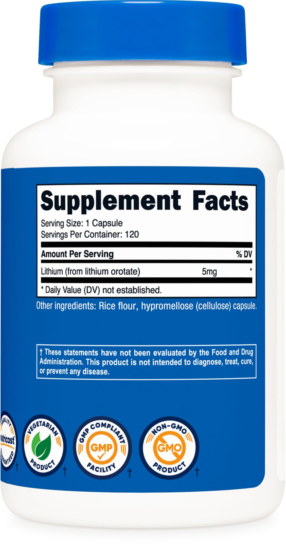 Nutricost lithium orotate bottle on table with packaging, ready for a gluten-free routine.