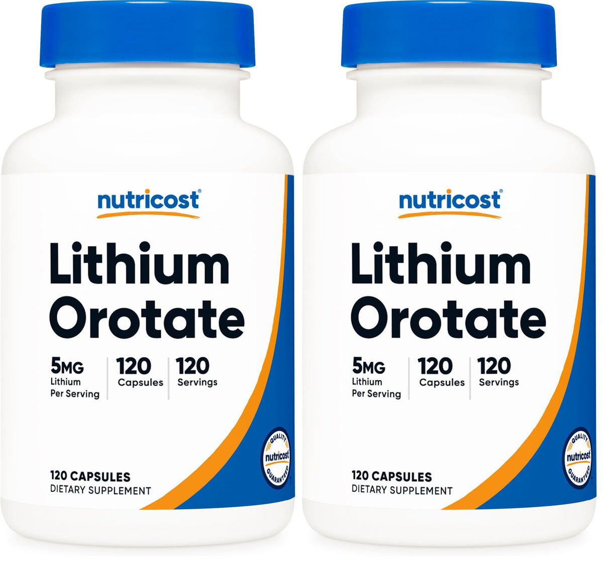 Nutricost Lithium Orotate 5mg bottle with dosage details for daily use.