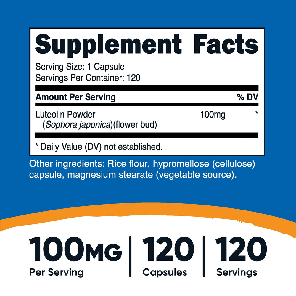 Nutricost Luteolin capsules pack showcasing easy-to-take capsule format.