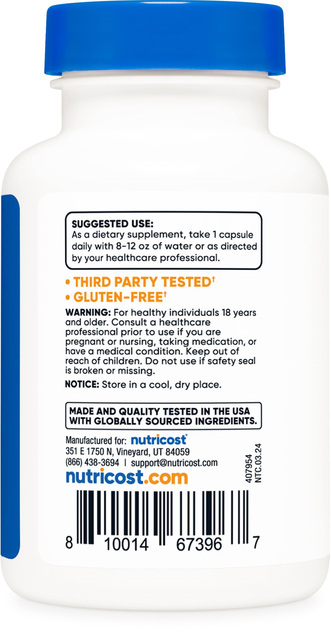 Nutricost Luteolin ingredient glance highlighting non-GMO and gluten-free features.