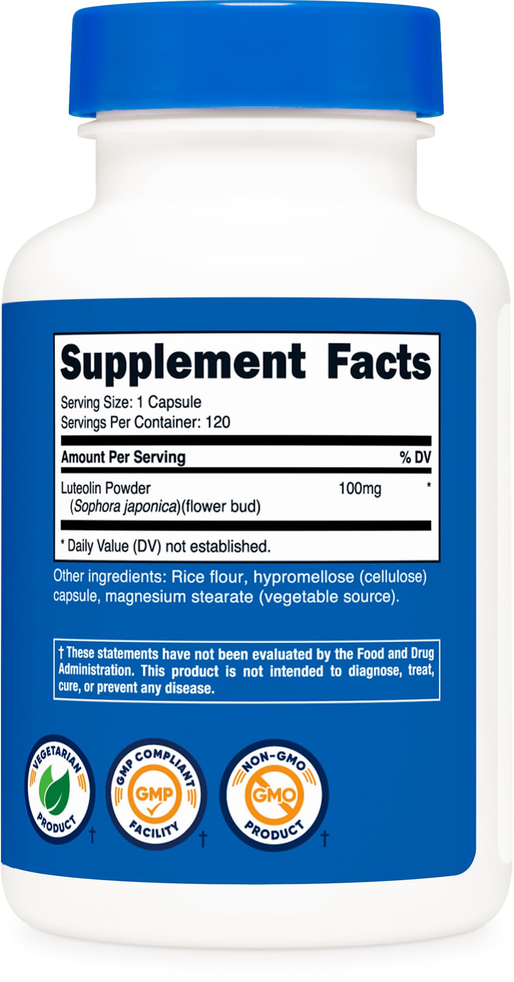 Nutricost Luteolin label image with nutrition facts and certification logos.