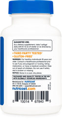 Nutricost label closeup highlights NSF GMP FDA certifications and non-GMO, gluten-free features.