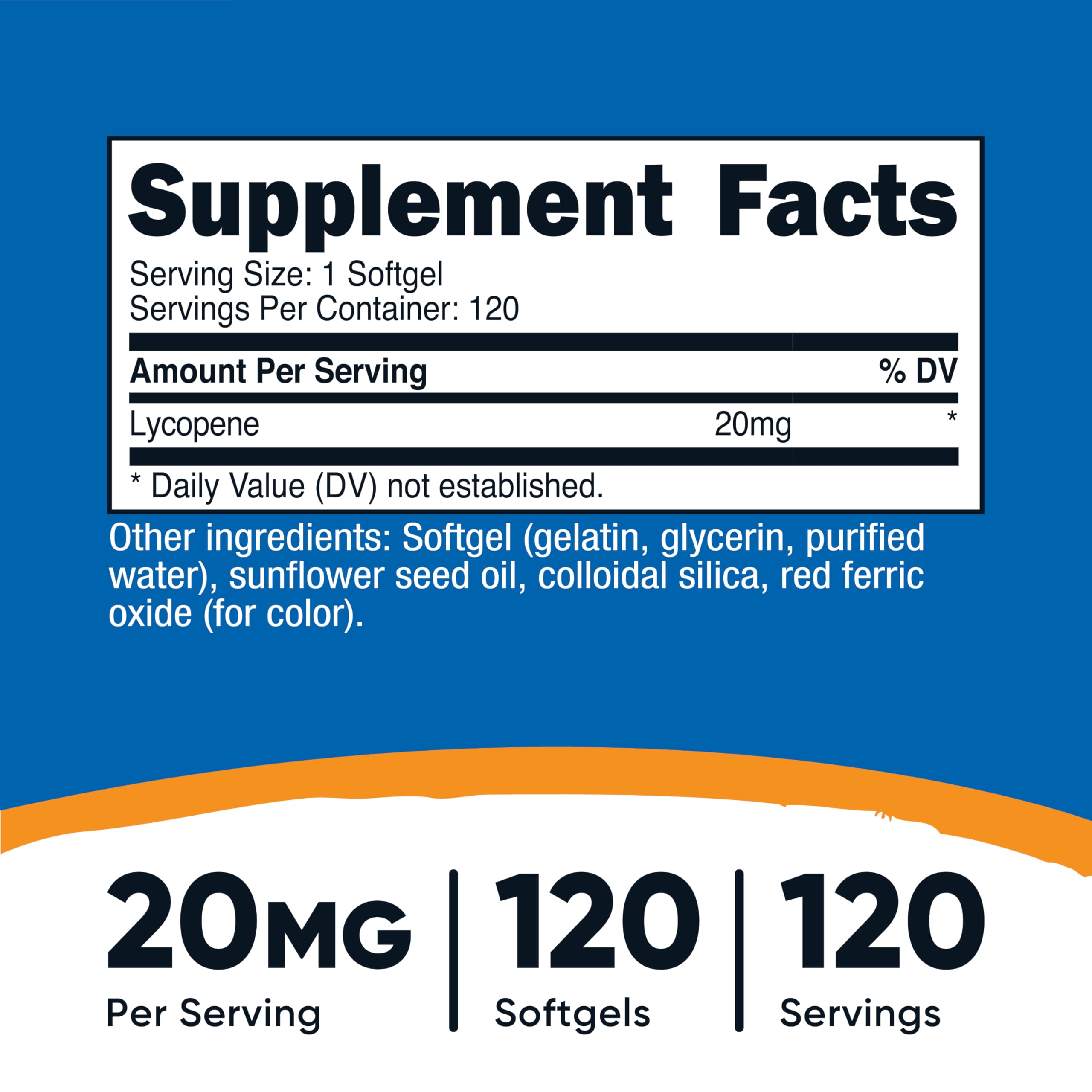 Nutricost Lycopene softgels close-up highlighting 20 mg per serving