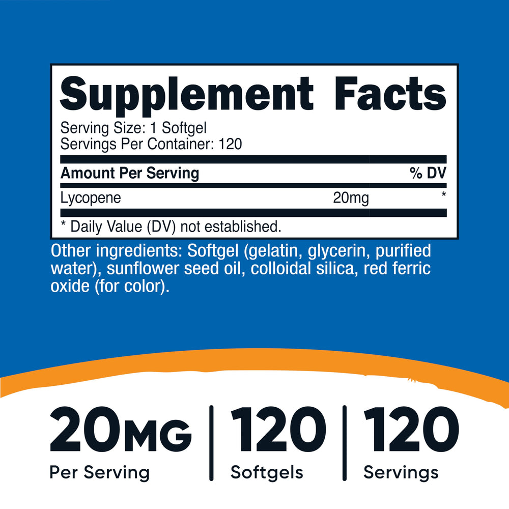 Nutricost Lycopene softgels close-up highlighting 20 mg per serving