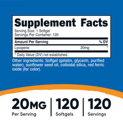 Nutricost Lycopene softgels close-up highlighting 20 mg per serving