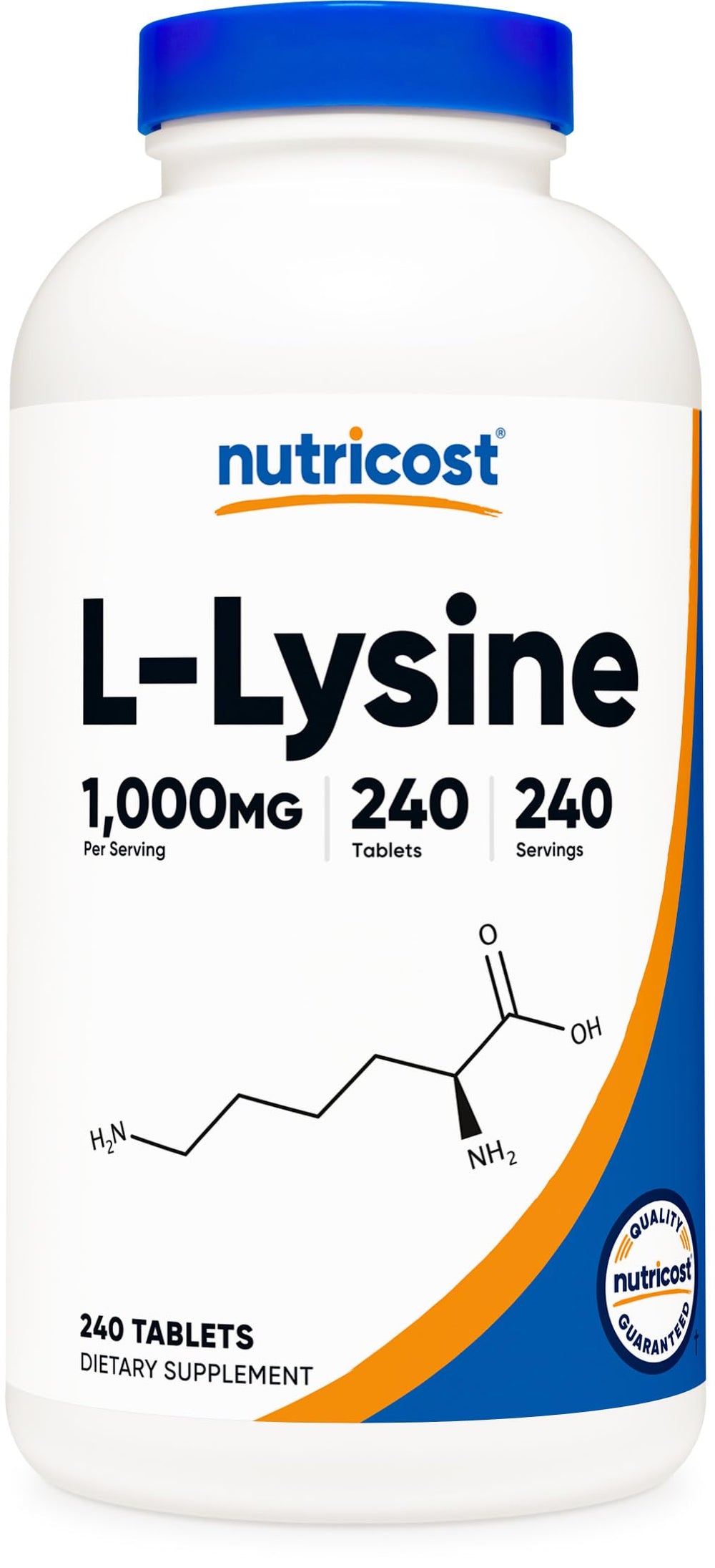 Nutricost L-Lysine 1000mg tablets on bottle for easy daily supplementation