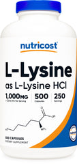 Nutricost L-Lysine bottle close-up showing 1000mg serving and gluten-free formula.
