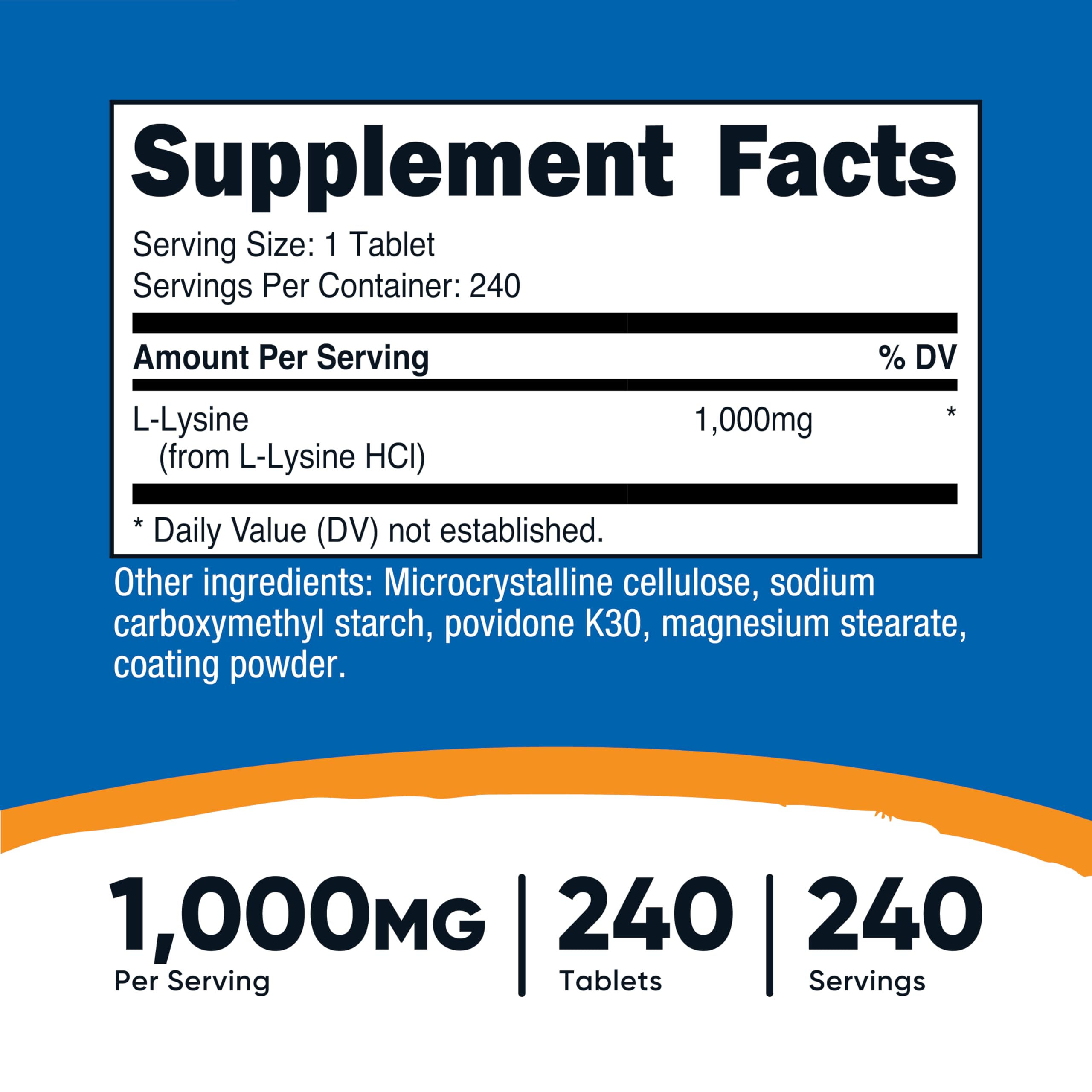 Nutricost L-Lysine bottle front highlighting 240 servings for ongoing support
