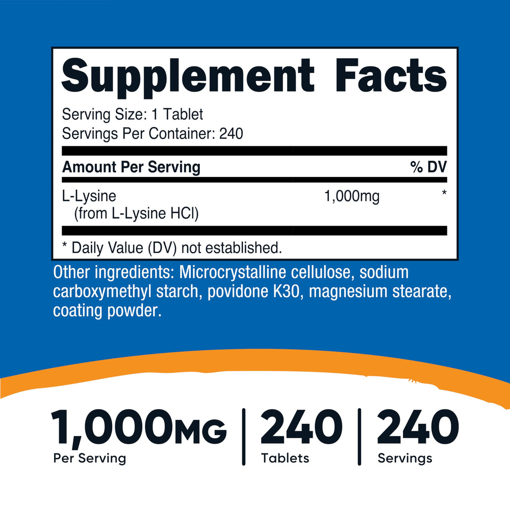 Nutricost L-Lysine bottle front highlighting 240 servings for ongoing support