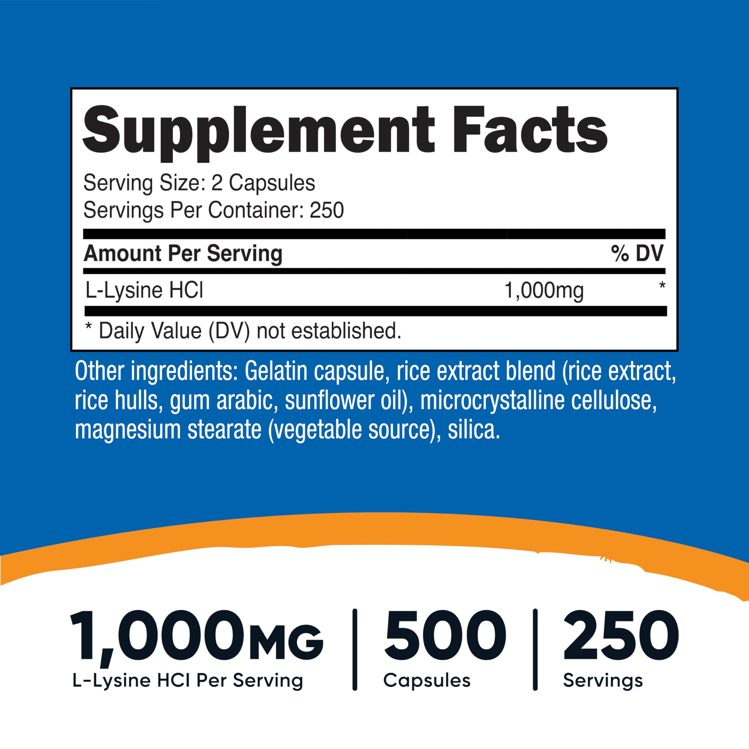 Nutricost L-Lysine capsules close-up highlighting 500mg capsules for dosing flexibility.