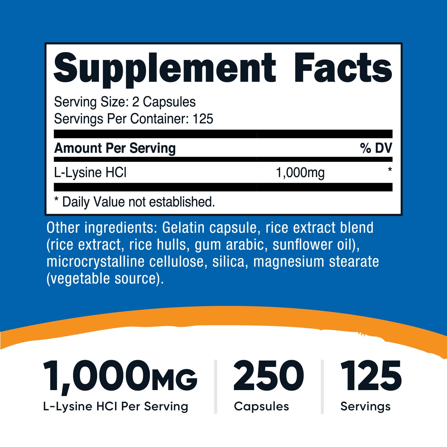 Nutricost L-Lysine capsules close-up highlighting 500mg per capsule