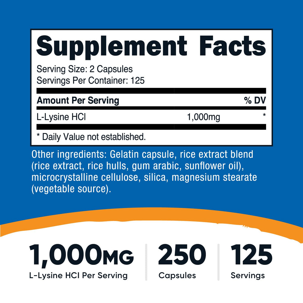 Nutricost L-Lysine capsules close-up highlighting 500mg per capsule