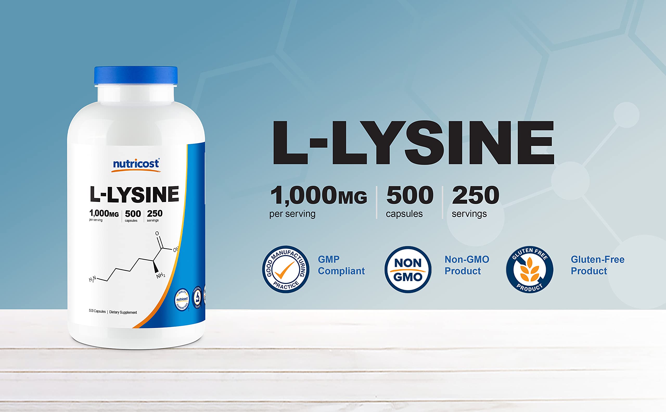 Gluten-free and non-GMO Nutricost L-Lysine packaging details.