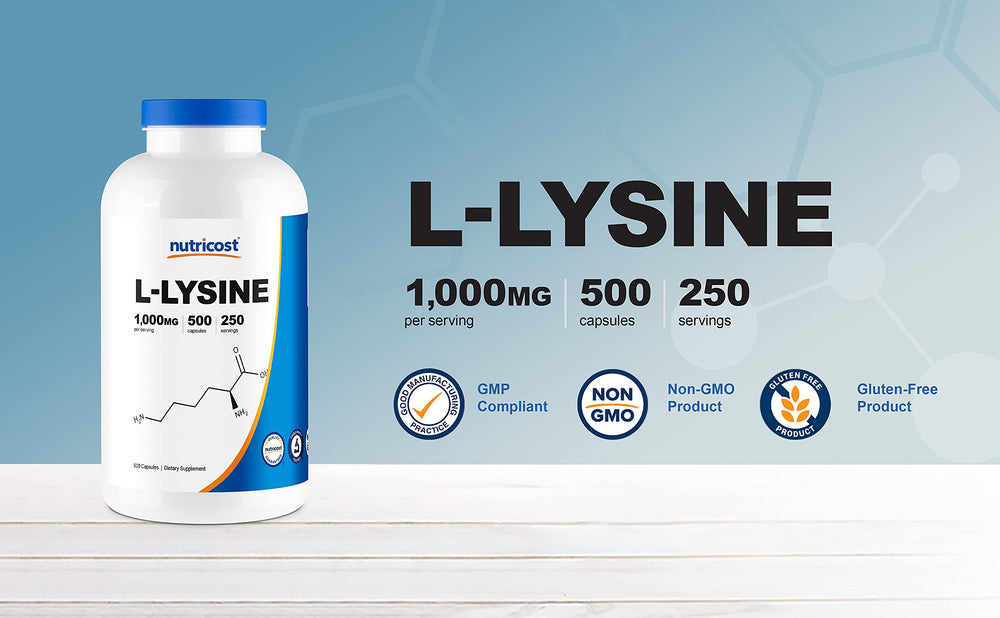 Gluten-free and non-GMO Nutricost L-Lysine packaging details.