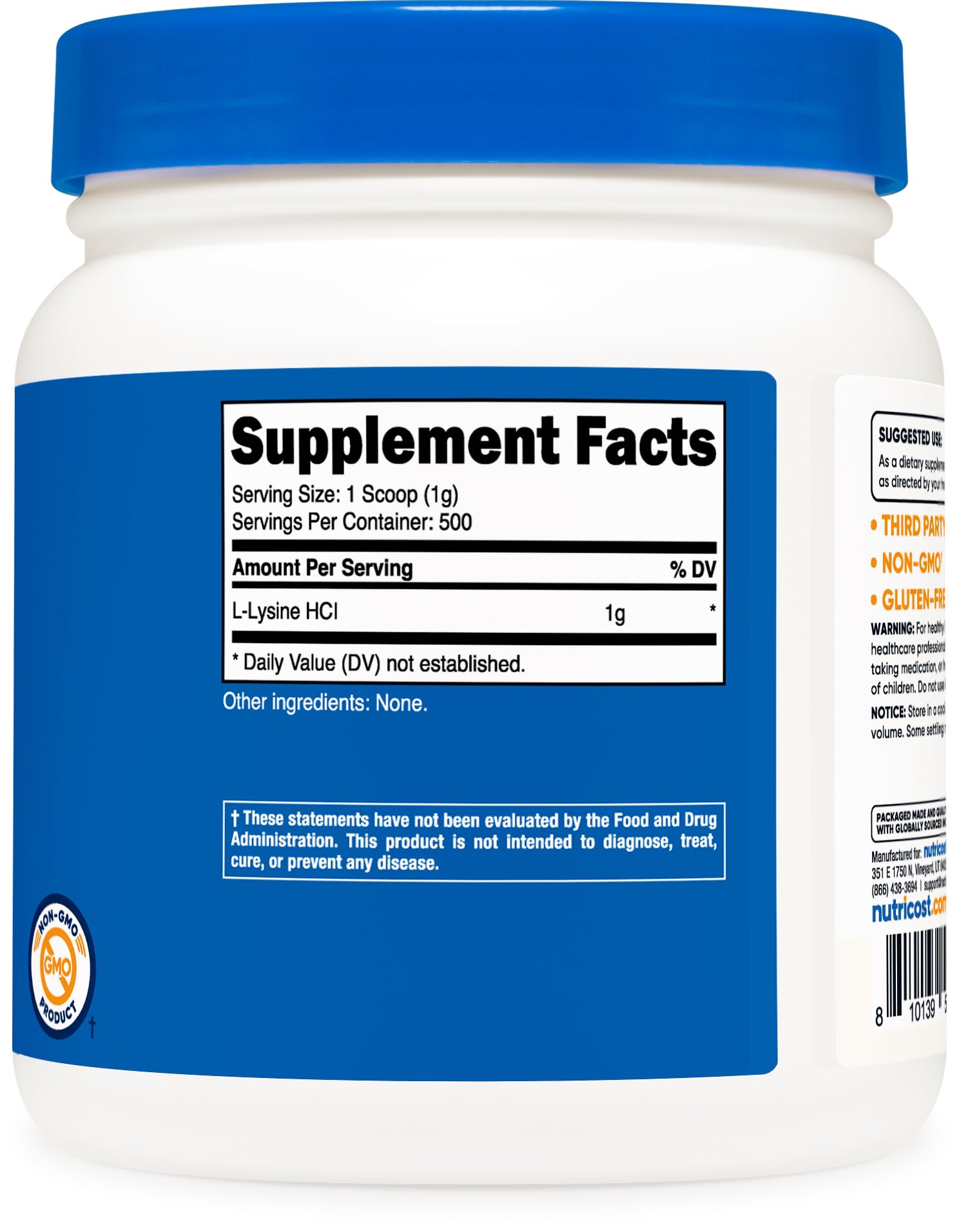 Nutricost L-Lysine powder produced in a GMP and FDA-registered facility