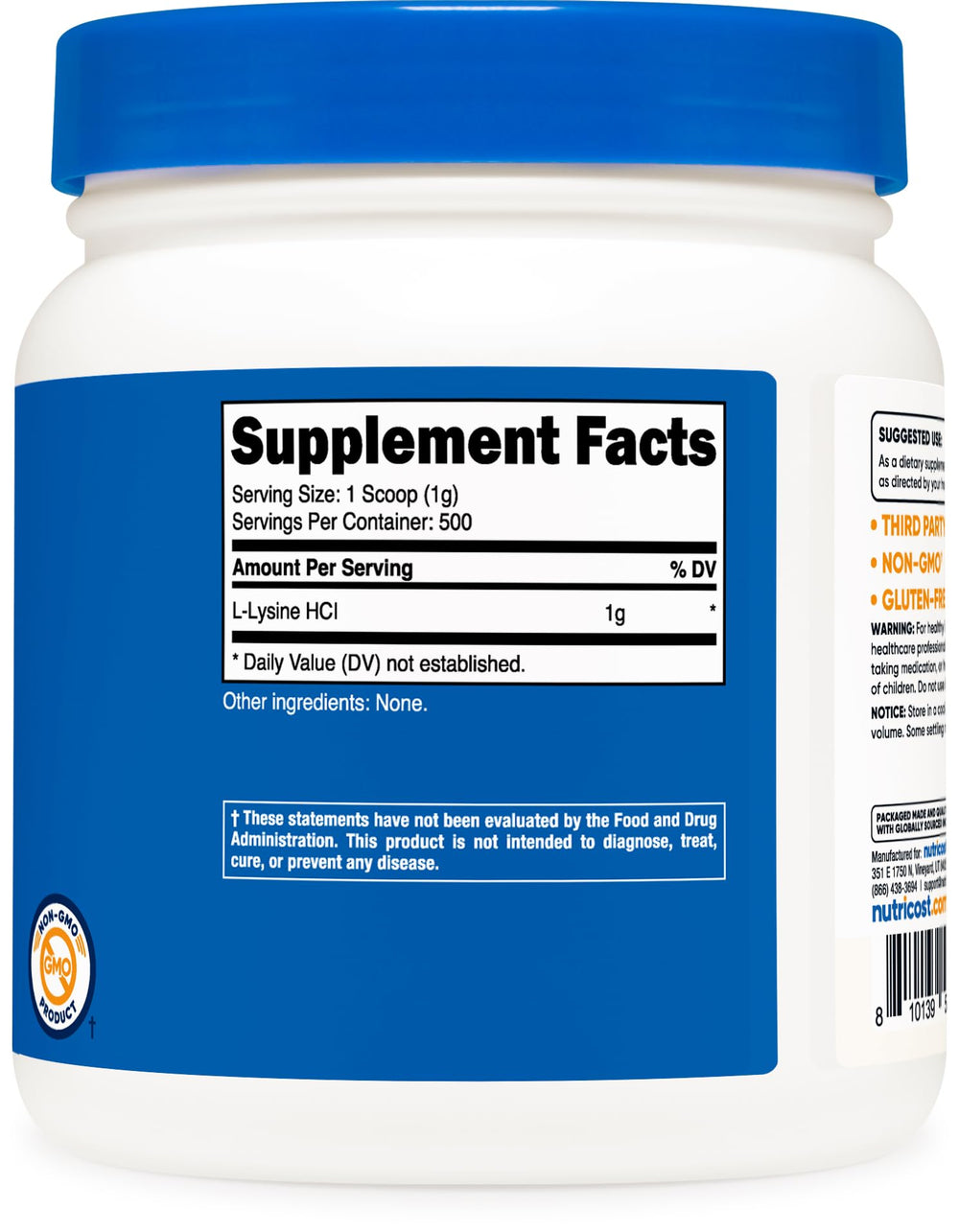 Nutricost L-Lysine powder produced in a GMP and FDA-registered facility