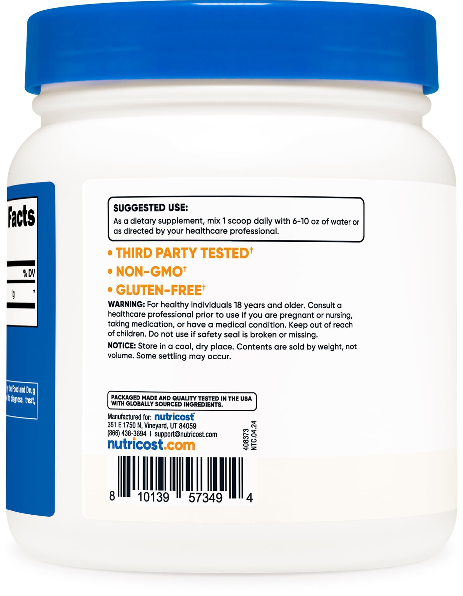 Nutricost L-Lysine powder packaging emphasizing third-party testing