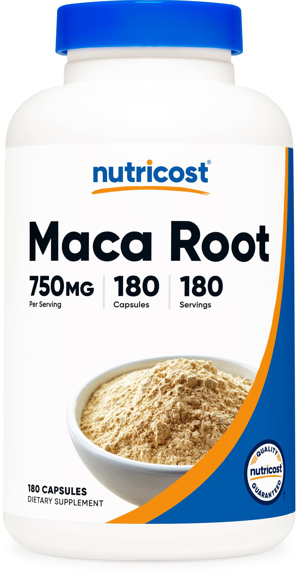 Nutricost Maca Root Capsules bottle showing 180 capsules for daily energy support