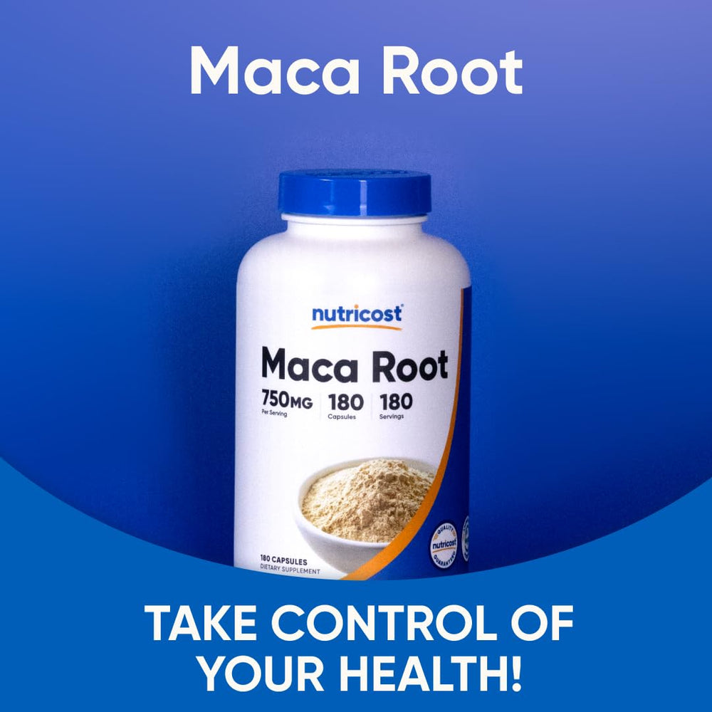 Packaging emphasizes organic Peruvian maca from Nutricost Maca Root Capsules