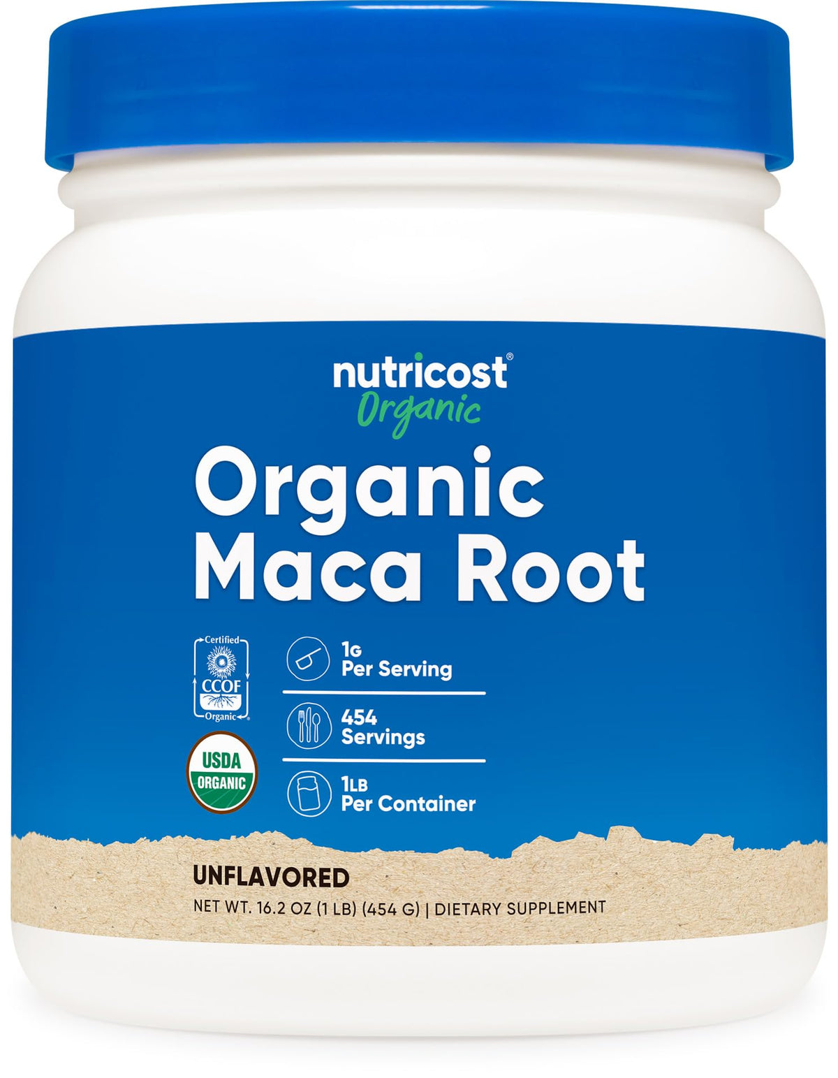 Nutricost Maca Root Powder 1lb bottle displayed, supports daily energy and balance.
