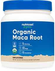 Nutricost Maca Root Powder 1lb bottle displayed, supports daily energy and balance.