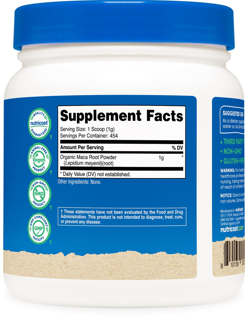Nutricost maca root powder label showing organic and gluten-free attributes.