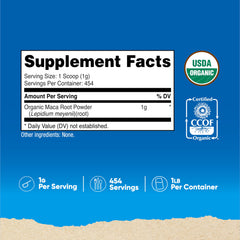 Nutricost Maca Root Powder serving scoop shown, convenient 1-gram servings for consistent use.