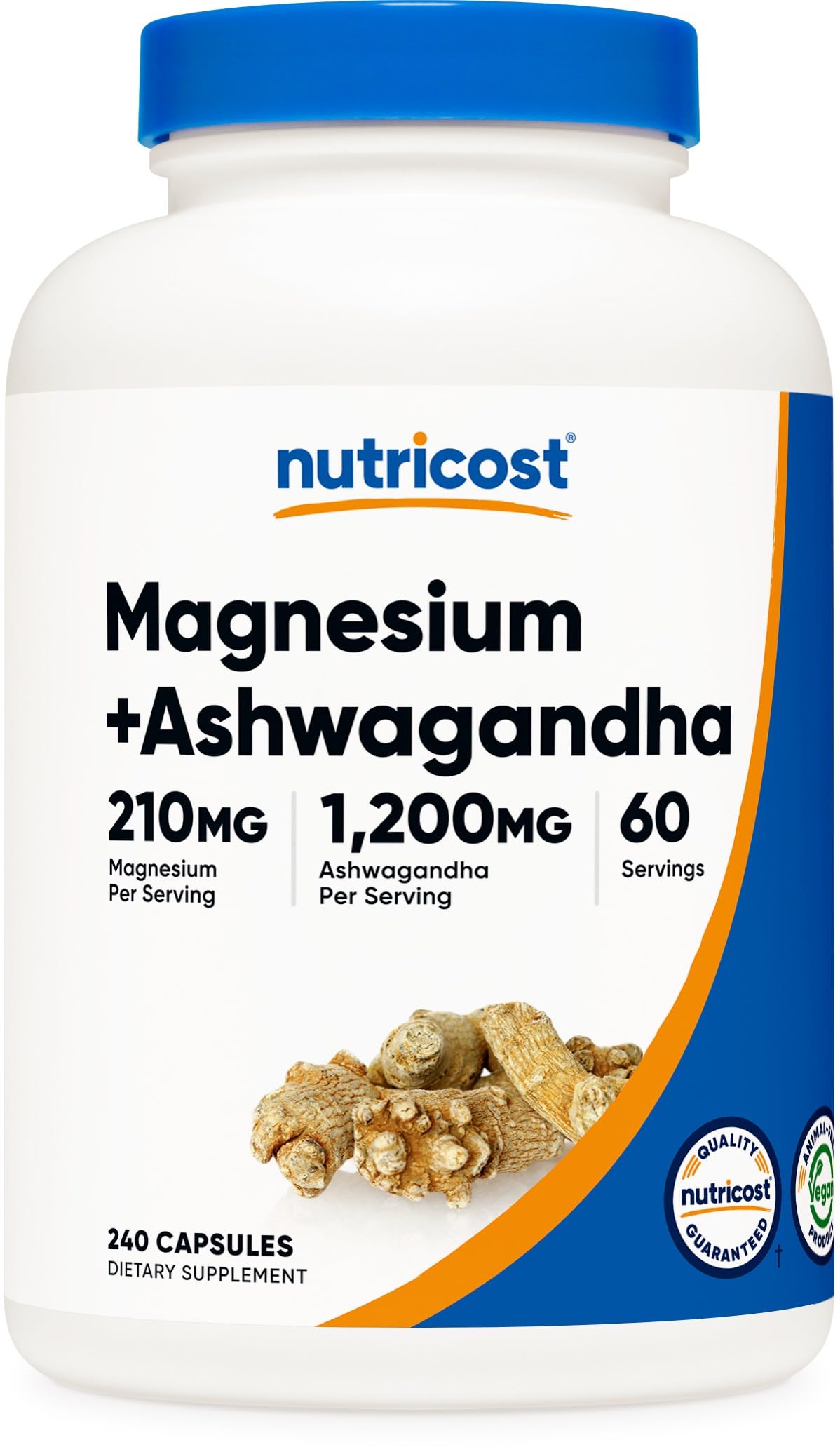 Nutricost magnesium-ashwagandha bottle with two-in-one capsules for daily wellness.