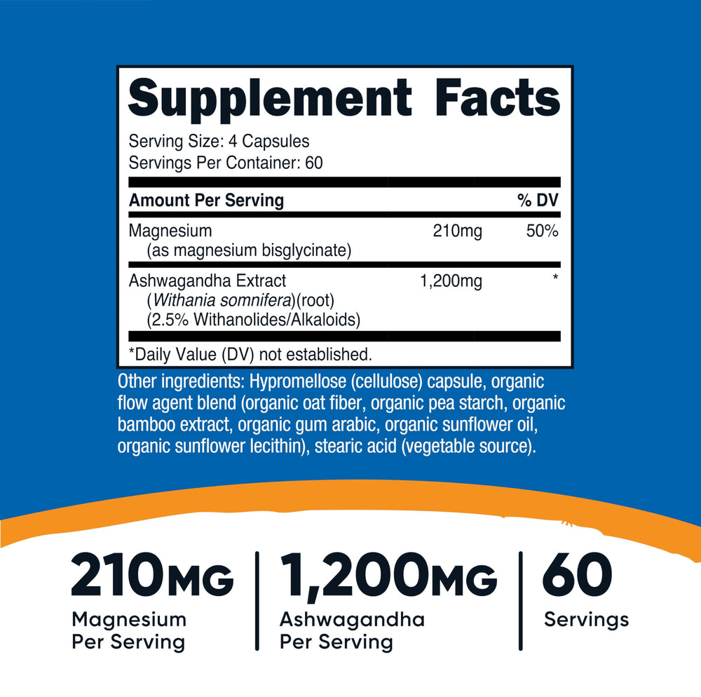 Nutricost magnesium-ashwagandha capsules closeup showing smooth texture.