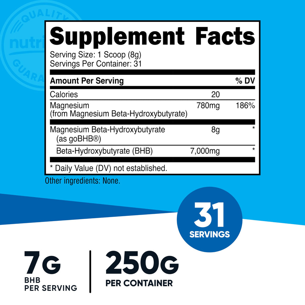 Nutricost Magnesium BHB salts bottle back showing ingredients and directions