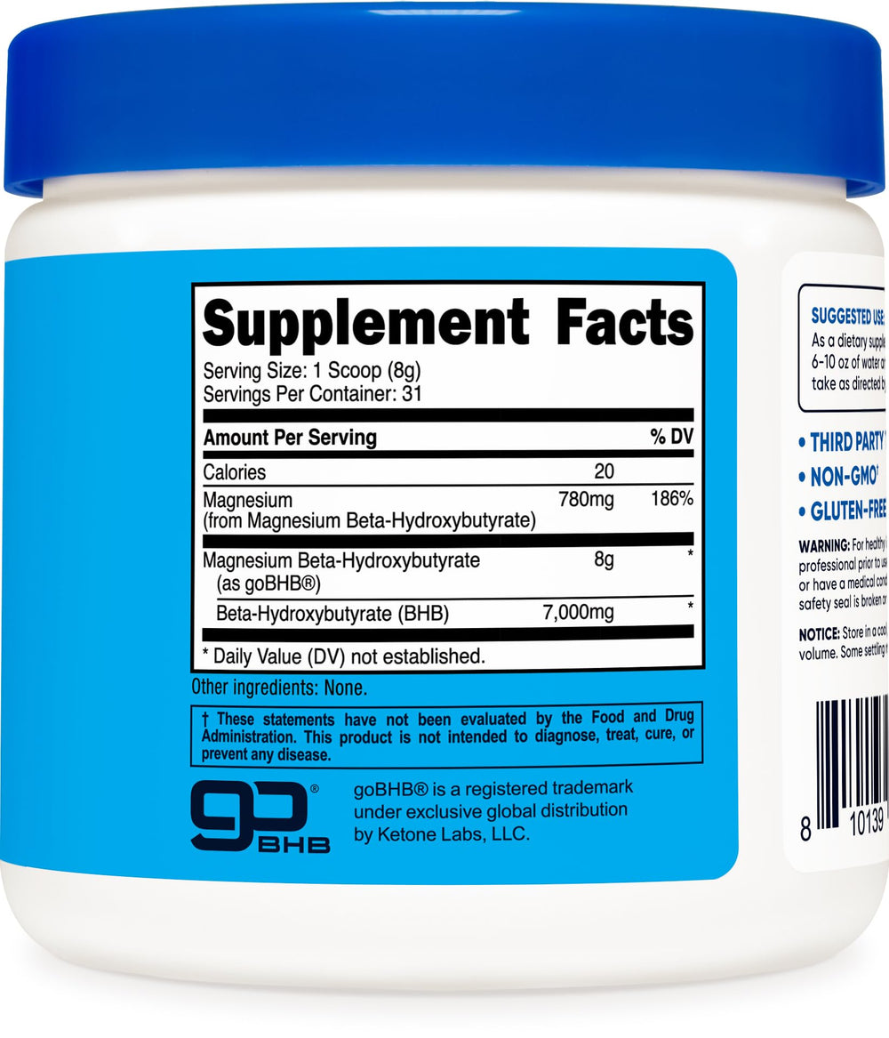 Nutricost Magnesium BHB salts package on a clean surface highlighting non-GMO and gluten-free