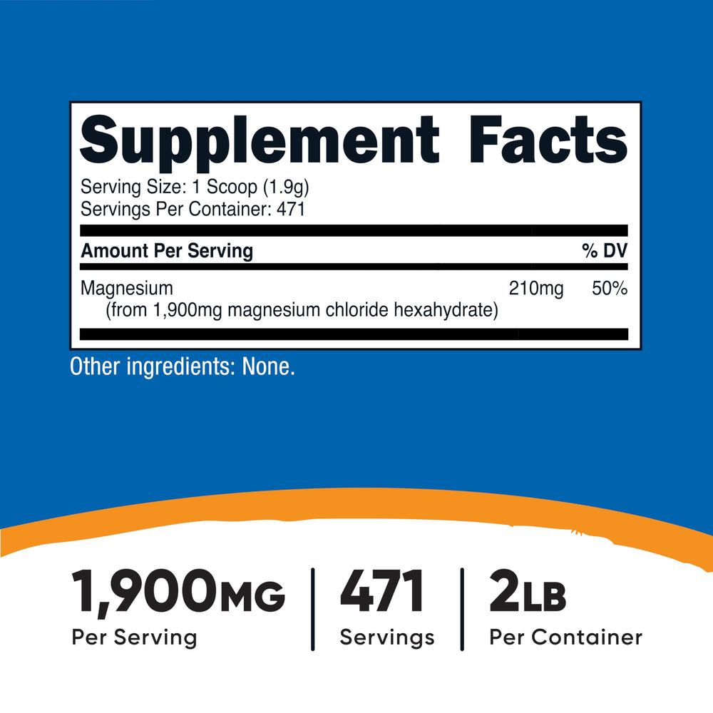 Nutricost Magnesium Chloride 2lb label highlights gluten-free and non-GMO attributes.