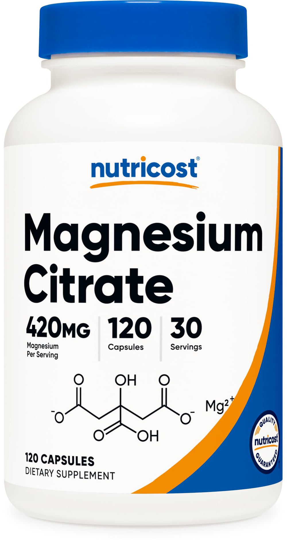 Nutricost Magnesium Citrate 420mg bottle-front with plant-based capsules for daily supplementation.