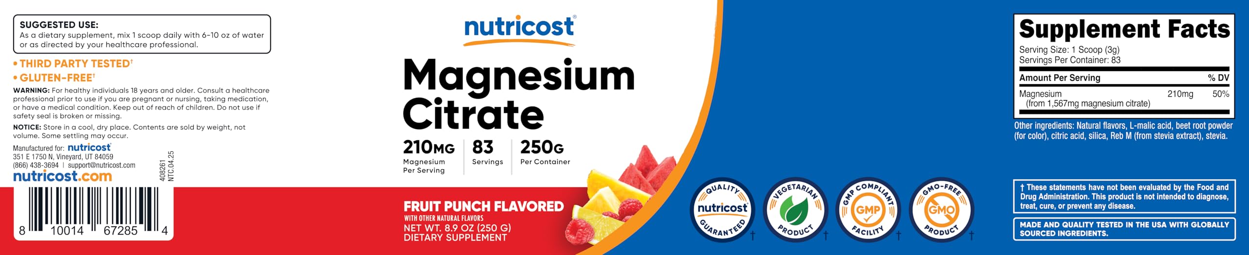 Nutricost Magnesium Citrate Powder packaging display emphasizing 250 g bottle.