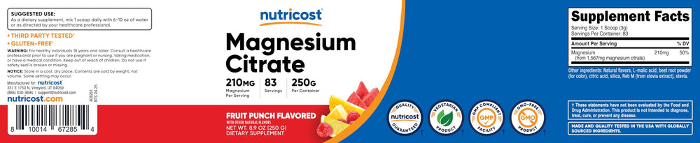 Nutricost Magnesium Citrate Powder packaging display emphasizing 250 g bottle.